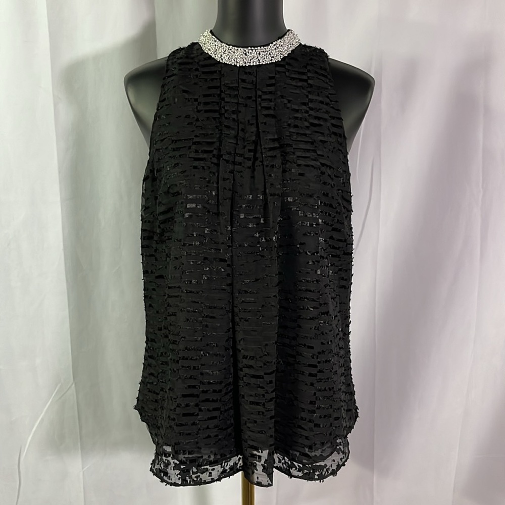 Etcetera Black & White Beaded Pearl Sleeveless Eyelash Fringe Blouse